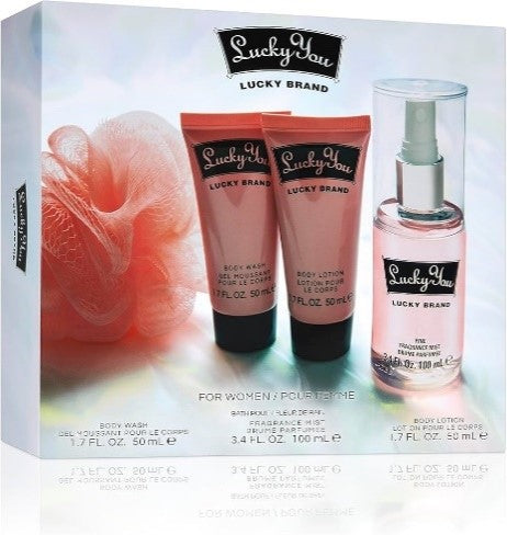 Lucky You by Lucky Brand 4 Piece Gift Set For Women…Set Includes: 1.7 oz Body Wash…3.4 oz Body Mist…1.7 oz Body Lotion…Loofah