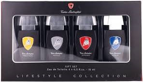 Tonino Lamborghini Collection 4 Piece Set For Men…Set Includes: Prestigio 0.5 oz Eau de Toilette Spray…Mitico 0.5 oz Eau de Toilette Spray…0.5 oz Intenso Eau de Toilette Spray…Acqua 0.5 oz Eau de Toilette Spray