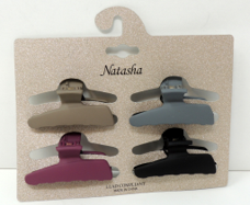 Natasha Hair Rectangular Claw Clips Set of 4…Colors: Beige, Black, Grey, & Purple…Carded