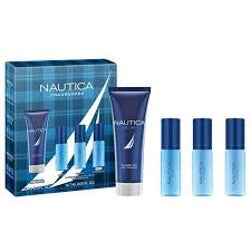Nautica Fragrances 4 Pieces Gift Set…Set Includes: Nautica Blue 2.5 oz Shower Gel...Nautica Blue .23 oz Eau De Toilette Spray...Nautica Voyage .23 oz Eau De Toilette Spray...Nautica Pure Blue .23 oz Eau Toilette Spray
