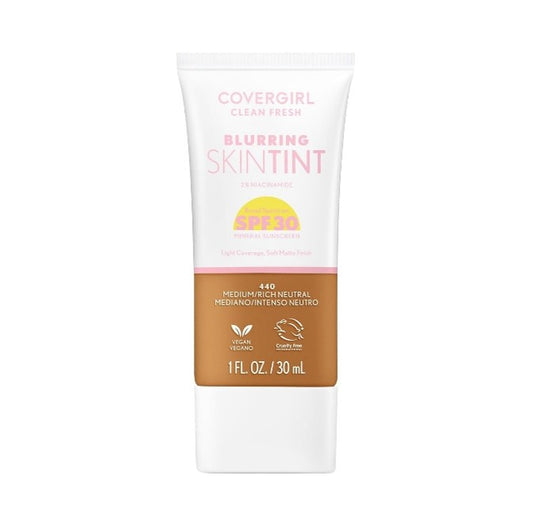 CoverGirl Clean Fresh Blurring Skin Tint with Broad Spectrum SPF 30 Mineral Sunscreen Light Coverage Soft Matte Finish 1.0 fl oz ….Color: 440 Medium / Rich Neutral