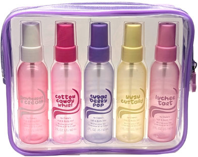 C by Claires Mini Charmed 5 Piece Hair & Body Mist Gift Set…Set Includes: 2 oz Cotton Candy Whirl…2 oz Lychee Tart…2 oz Strawberries N Cream…2 oz Sugar Berry Pop…2 oz Yuzu Custard