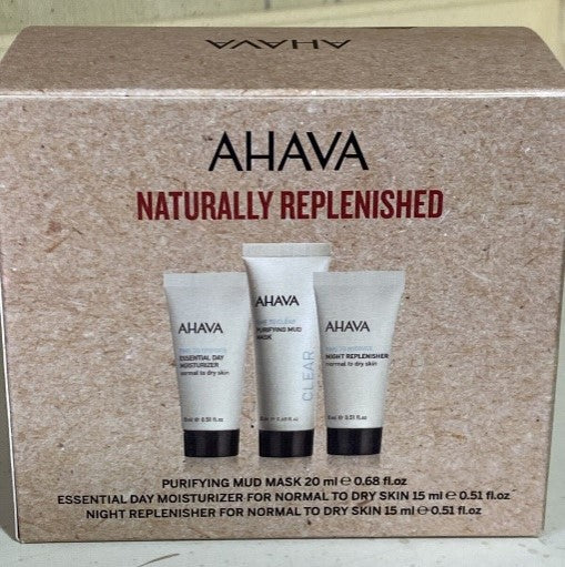 Ahava Naturally Replenished Trio 3 Piece Gift...Set Includes: 0.68 oz. Purifying Mud Mask + 0.51 oz. Essential Day Moisturizer for Normal to Dry Skin + 0.51 oz. Night Replenisher for Normal to Dry Skin