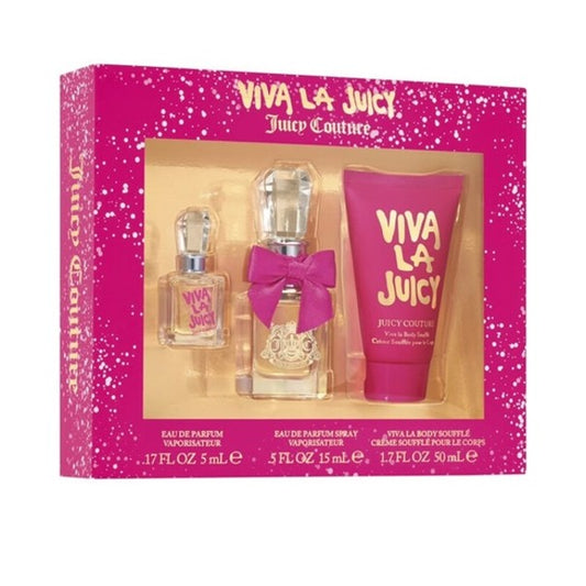 Viva La Juicy by Juicy Couture 3 Piece Gift Set…Set Includes: 0.5 oz Eau de Parfum Spray…0.17 oz Eau de Parfum…1.7 oz Viva La Body Souffle