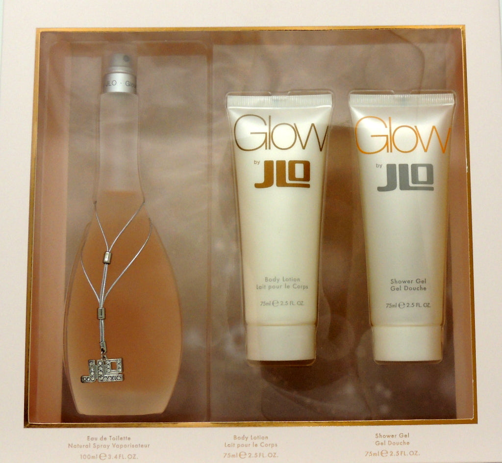 Glow by Jennifer Lopez 3 Piece Set…Set Includes: 3.4 oz. Natural Eau de Parfum…2.5 oz. Body Lotion…2.5 oz. Shower Gel