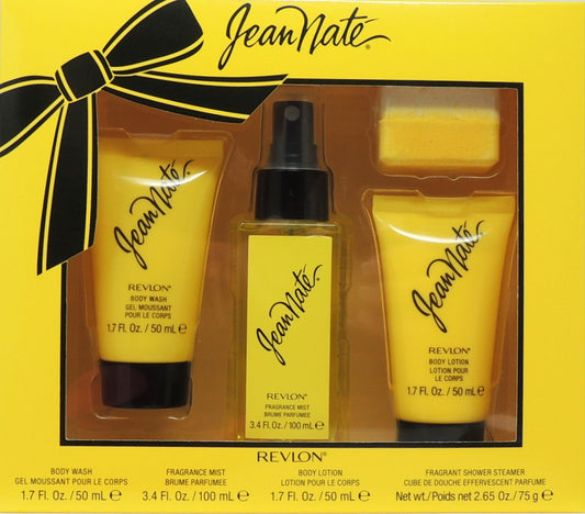 Jean Nate by Revlon 4 Piece Set…Set Contains: 3.4 oz. Fragrance Mist…1.7 oz. Body Wash…1.7 oz. Body Lotion…2.65 oz. Fragrance Shower Steamer