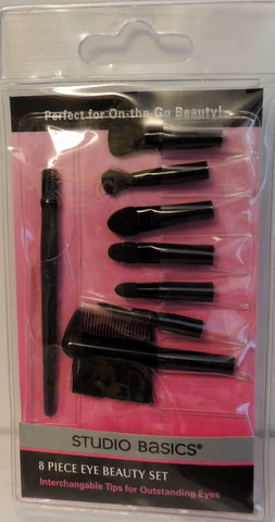 Studio Basics… 8 Piece Interchangeable Eye Beauty Set.. Set Includes: Eye Shading Brush…Eye Shadow Tip Brush..Sponge Tip Eye Definer…Eyeliner Brush…Eye Smudger..Lash & Brow Groomer..Spoolie