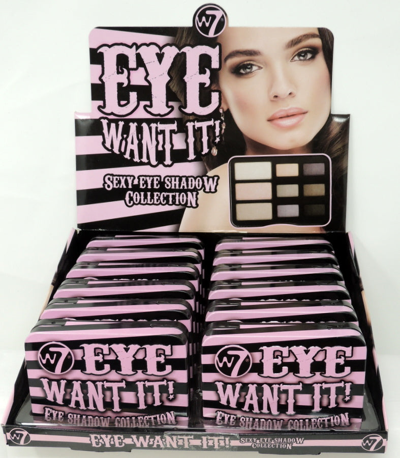 W7 Cosmetics Eye Want It! Eyeshadow Palette Tins…12 Piece Countertop Display Prepack...Prepack Contains 12 Tins with 9 Shades of Eyeshadow