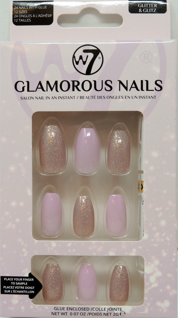 W-7 Glamorous Nails - Style: Glittter & Glitz…Contains: 24 Nails with Glue…12 Sizes