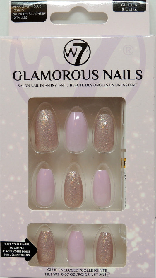 W-7 Glamorous Nails - Style: Glittter & Glitz…Contains: 24 Nails with Glue…12 Sizes